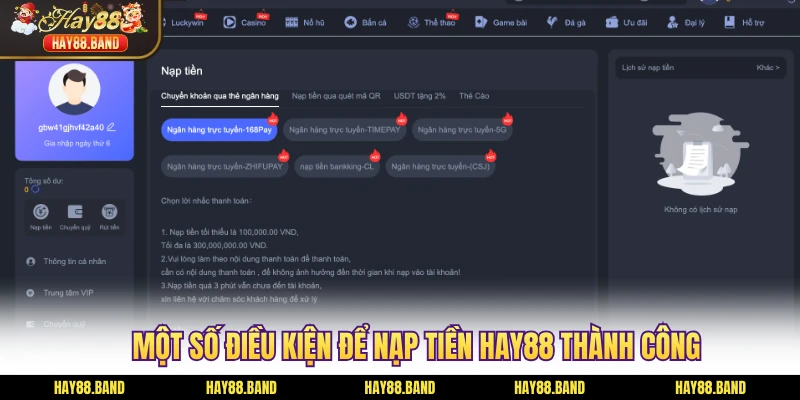 Một số điều kiện để nạp tiền HAY88 thành công